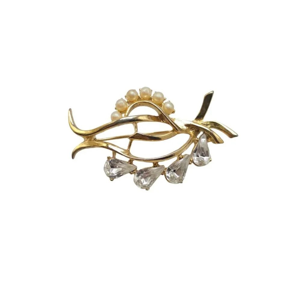 Clear Rhinestone Faux Pearl Beaded Open Leaf Brooch Pin Gold Tone Vintage